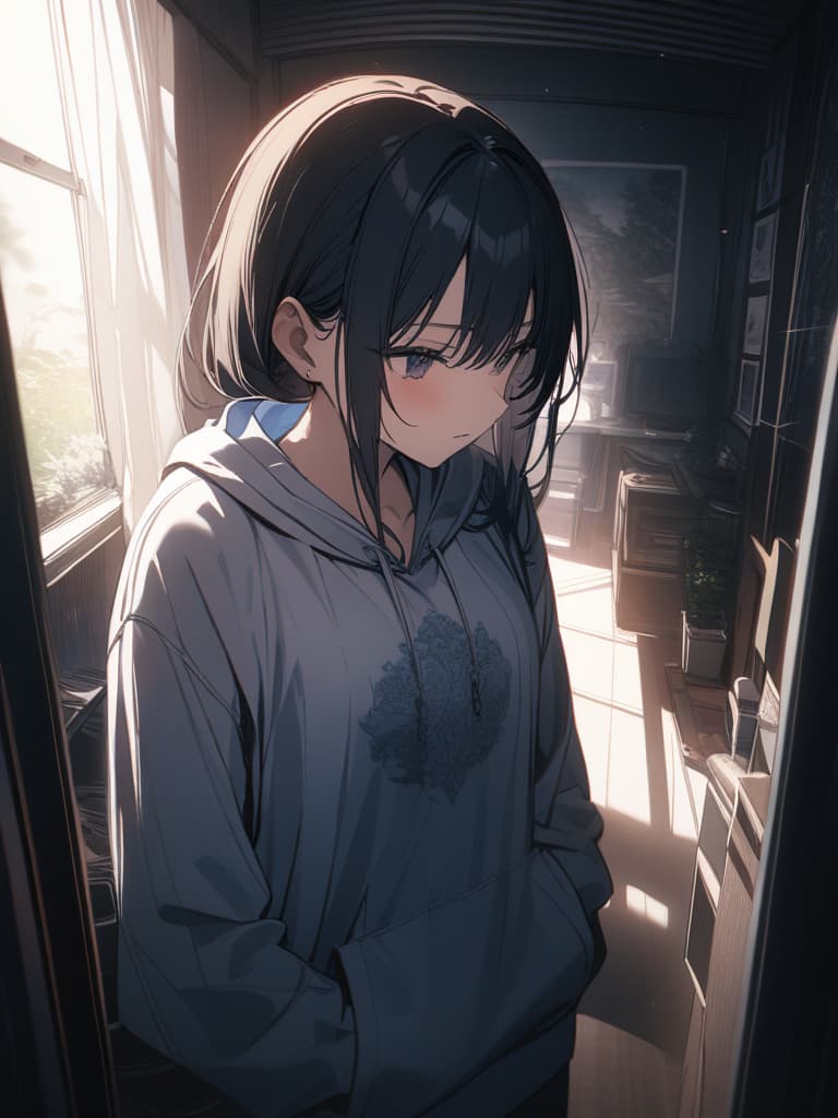  Sister, cool, dark room, hoodie, masterpiece, best quality,8k,ultra detailed,high resolution,an extremely delicate and beautiful,hyper detail