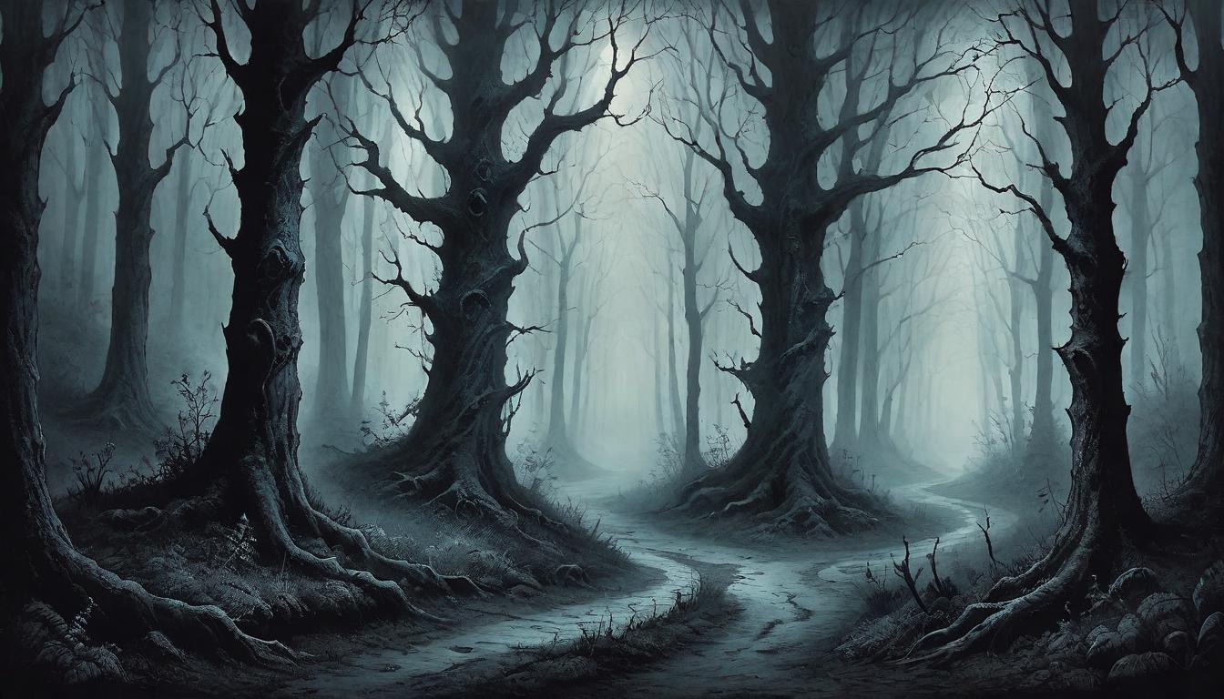  on parchment, surrealism+++, A dark forest at midnight, trees whisper secrets in the shadows, a single path diverges, not taken, veiled by fog, uncertainty shrouds the air, whispers of what could have been. Enigmatic, contemplative atmosphere.(mysterious, provocative, symbolic,muted color)+++