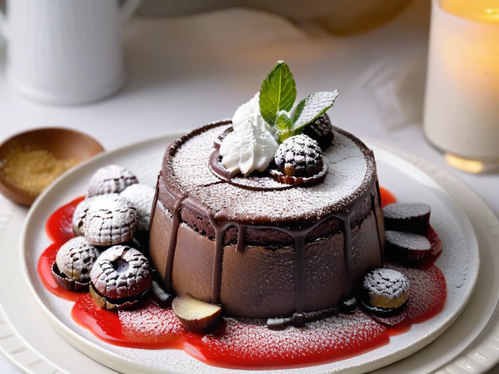  A closeup, photorealistic image of a decadent vegan chocolate lava cake dusted with powdered sugar, set on a sleek, modern plate. The cake oozes rich, gooey chocolate from the center, surrounded by a delicate drizzle of raspberry coulis and topped with a fresh mint leaf. The background is softly blurred, emphasizing the dessert's glossy texture and inviting presentation, perfect for enticing readers to explore winter vegan dessert recipes. hyperrealistic, full body, detailed clothing, highly detailed, cinematic lighting, stunningly beautiful, intricate, sharp focus, f/1. 8, 85mm, (centered image composition), (professionally color graded), ((bright soft diffused light)), volumetric fog, trending on instagram, trending on tumblr, HDR 4K, 8K