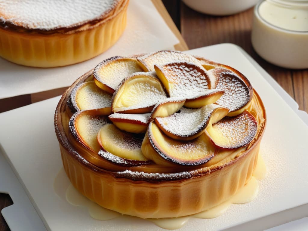  A closeup, photorealistic image of a goldenbrown Pastel de Nata fresh out of the oven, with a crispy, flaky pastry crust and a perfectly caramelized surface. The custard filling is smooth and creamy, speckled with vanilla beans, and dusted with a light sprinkling of cinnamon. The pastel is delicately placed on a rustic wooden table, with a vintage ceramic plate underneath, showcasing its traditional Portuguese craftsmanship. Sunlight filters through a nearby window, casting a warm, inviting glow on the pastry, highlighting its irresistible texture and inviting the viewer to savor its rich, indulgent flavors. hyperrealistic, full body, detailed clothing, highly detailed, cinematic lighting, stunningly beautiful, intricate, sharp focus, f/1. 8, 85mm, (centered image composition), (professionally color graded), ((bright soft diffused light)), volumetric fog, trending on instagram, trending on tumblr, HDR 4K, 8K