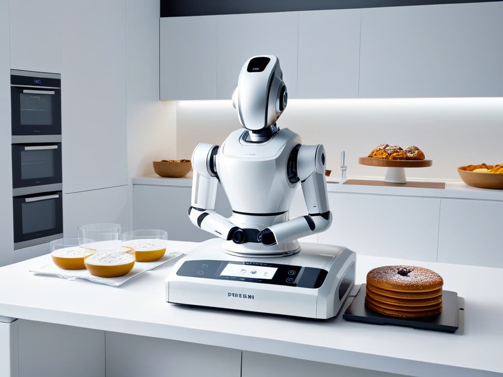  An 8k ultradetailed image of a sleek, modern premium kitchen robot in a pristine white color. The robot is shown with various attachments for baking and pastry making neatly organized around it, highlighting its versatility for premium dessert preparation. The image captures the elegance and sophistication of the appliance, with subtle lighting enhancing its clean lines and highend design. hyperrealistic, full body, detailed clothing, highly detailed, cinematic lighting, stunningly beautiful, intricate, sharp focus, f/1. 8, 85mm, (centered image composition), (professionally color graded), ((bright soft diffused light)), volumetric fog, trending on instagram, trending on tumblr, HDR 4K, 8K