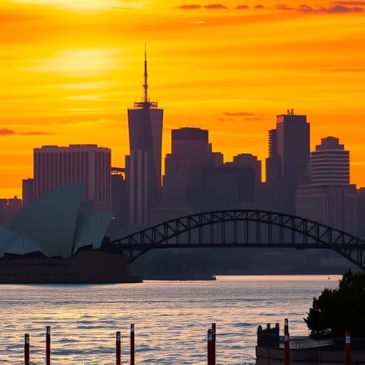  sydney swine, a picturesque view of the sydney skyline with the iconic sydney opera house and harbour bridge, showcasing a vibrant sunset over the water. hyperrealistic, full body, detailed clothing, highly detailed, cinematic lighting, stunningly beautiful, intricate, sharp focus, f/1. 8, 85mm, (centered image composition), (professionally color graded), ((bright soft diffused light)), volumetric fog, trending on instagram, trending on tumblr, HDR 4K, 8K