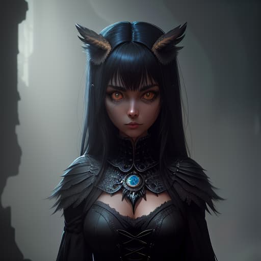  A girl owl, black, with eyes like the night sky with stars, full grown., dark , creepy , blood , monsters , by Jason Engle , Carlos Huante , Charlie Bowater , Simon Lee , Brom hyperrealistic, full body, detailed clothing, highly detailed, cinematic lighting, stunningly beautiful, intricate, sharp focus, f/1. 8, 85mm, (centered image composition), (professionally color graded), ((bright soft diffused light)), volumetric fog, trending on instagram, trending on tumblr, HDR 4K, 8K