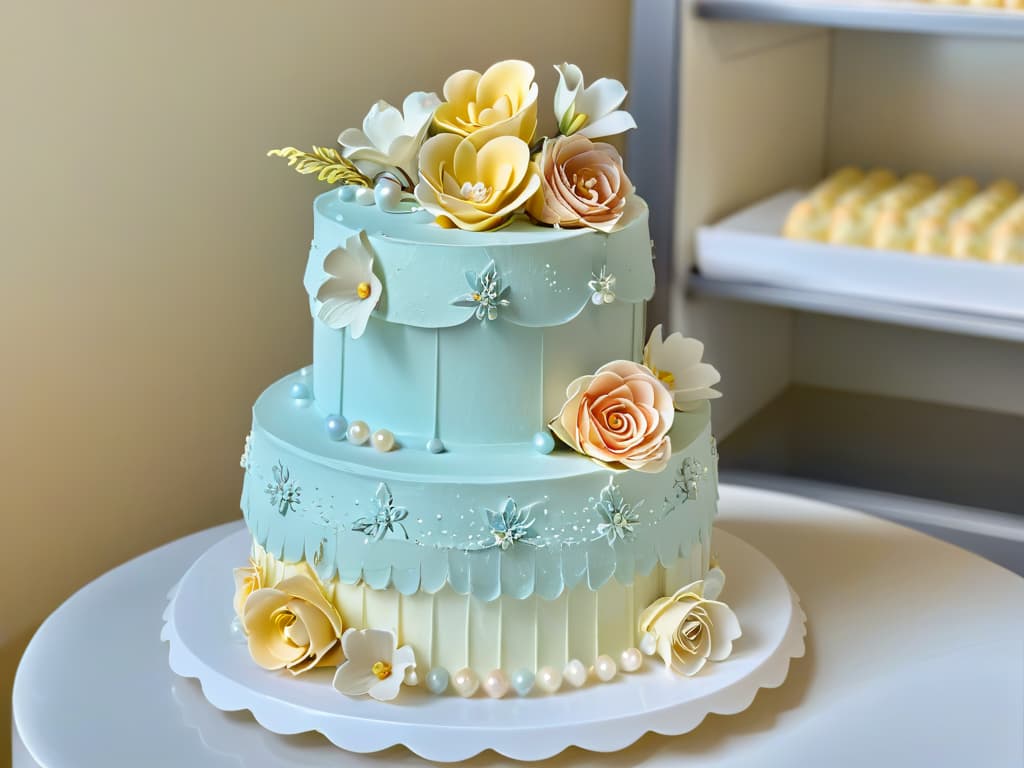  A photorealistic image of an intricately decorated threetiered wedding cake, adorned with delicate sugar flowers in pastel hues, shimmering edible pearls, and intricate lace piping details. The cake is elegantly displayed on a marble table, set against a softfocused background of a bustling bakery kitchen filled with pastry chefs meticulously crafting desserts. The lighting is soft and warm, highlighting the exquisite craftsmanship and artistry of the confectionary masterpiece. hyperrealistic, full body, detailed clothing, highly detailed, cinematic lighting, stunningly beautiful, intricate, sharp focus, f/1. 8, 85mm, (centered image composition), (professionally color graded), ((bright soft diffused light)), volumetric fog, trending on instagram, trending on tumblr, HDR 4K, 8K