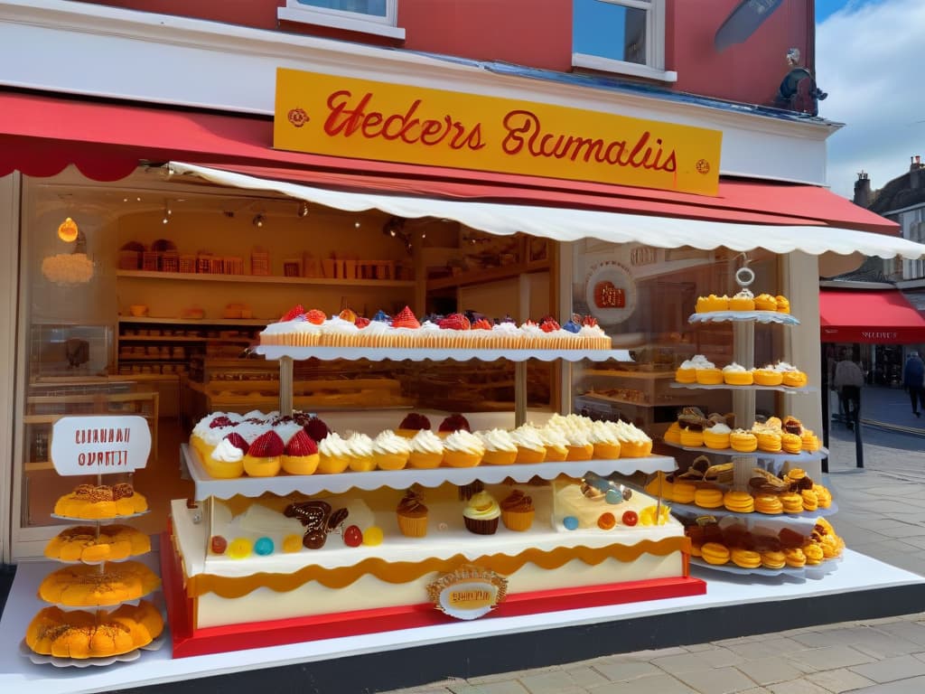  A photorealistic image of a whimsical bakery storefront adorned with colorful, themed decorations like oversized cupcakes, vibrant bunting, and eyecatching signage showcasing the art of branding in pastry goods. The storefront window displays an array of intricately designed themed cakes and pastries, drawing in customers with its inviting and professional presentation. The scene captures the essence of merchandising temático in a bakery setting, exuding creativity and charm to inspire readers on the potential of thematic branding in the pastry business. hyperrealistic, full body, detailed clothing, highly detailed, cinematic lighting, stunningly beautiful, intricate, sharp focus, f/1. 8, 85mm, (centered image composition), (professionally color graded), ((bright soft diffused light)), volumetric fog, trending on instagram, trending on tumblr, HDR 4K, 8K