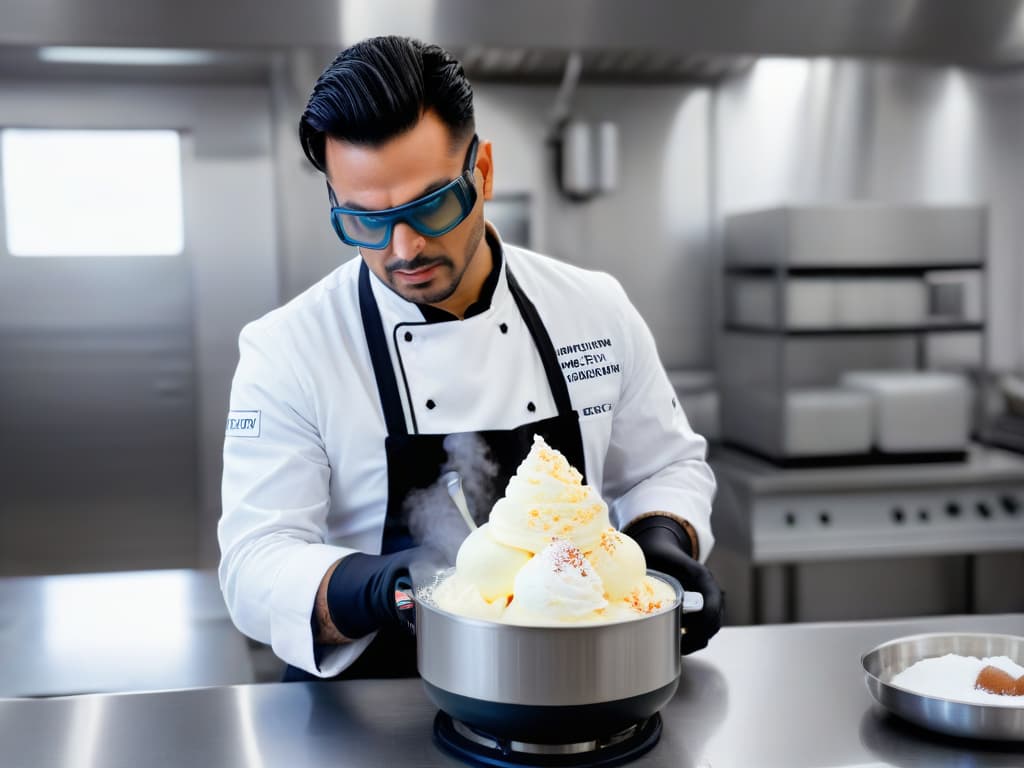  A minimalistic yet ultradetailed image of a professional pastry chef wearing safety goggles and gloves, carefully pouring liquid nitrogen into a mixing bowl filled with creamy ice cream base. The chef's focused expression and the billowing vapors of nitrogen create a visually striking contrast against the clean, white background, emphasizing the precise and controlled use of this innovative ingredient in creating instant ice cream. hyperrealistic, full body, detailed clothing, highly detailed, cinematic lighting, stunningly beautiful, intricate, sharp focus, f/1. 8, 85mm, (centered image composition), (professionally color graded), ((bright soft diffused light)), volumetric fog, trending on instagram, trending on tumblr, HDR 4K, 8K