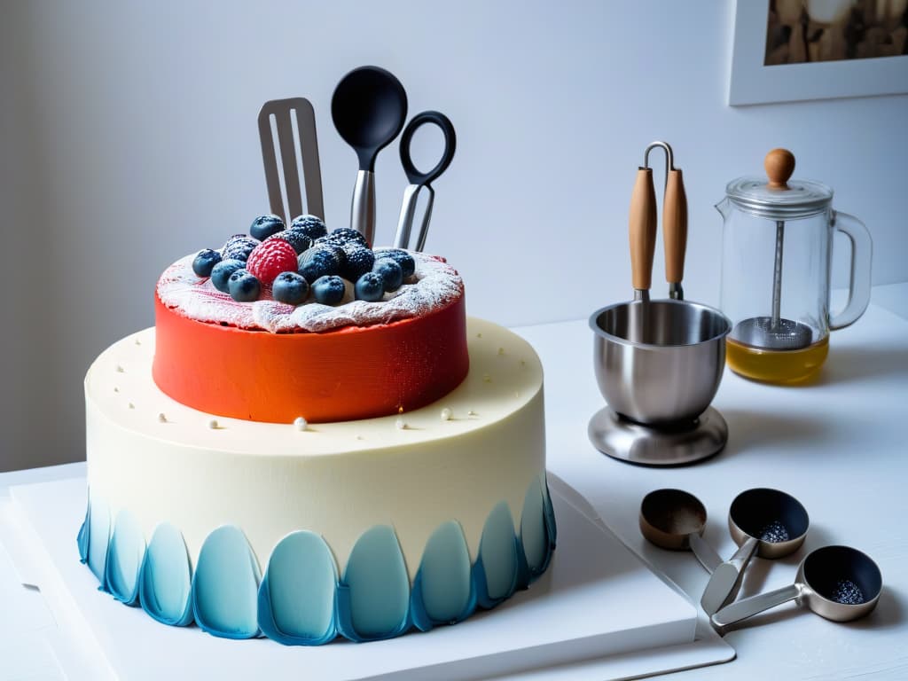  An ultradetailed image of a sleek, modern kitchen countertop filled with an array of topoftheline baking utensils and tools. The scene includes shiny stainless steel mixing bowls, a variety of colorful silicone spatulas, a marble rolling pin, precision measuring cups and spoons, a hightech digital kitchen scale, a professionalgrade stand mixer, and an elegant cake stand showcasing a beautifully decorated cake. The lighting is soft and natural, highlighting each utensil's craftsmanship and the overall organization of the space, evoking a sense of professionalism and inspiration for any aspiring baker. hyperrealistic, full body, detailed clothing, highly detailed, cinematic lighting, stunningly beautiful, intricate, sharp focus, f/1. 8, 85mm, (centered image composition), (professionally color graded), ((bright soft diffused light)), volumetric fog, trending on instagram, trending on tumblr, HDR 4K, 8K