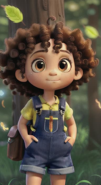  {The tree with a twinkling eye, while its leaves gently rustle., Riley, a curious with big brown eyes and curly hair, wearing overalls and carrying a small backpack. Their friend, Skye, a bluebird with shiny feathers.