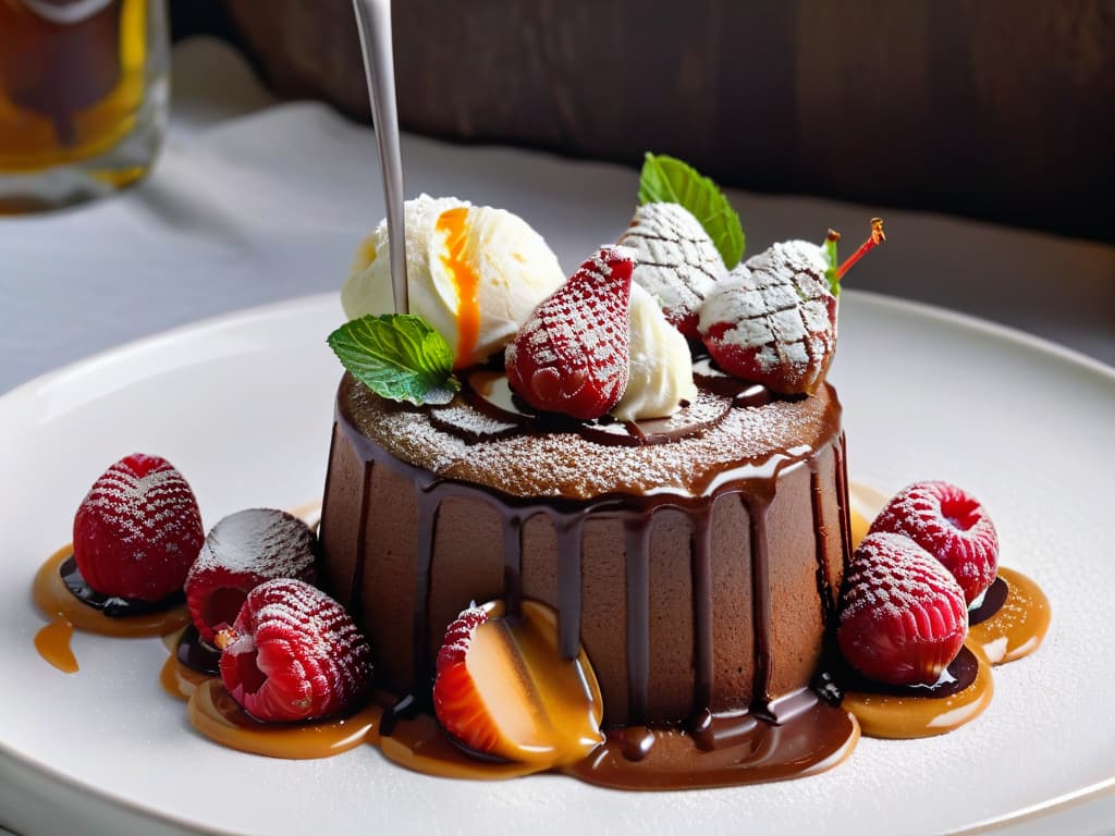  A closeup, photorealistic image of a decadent chocolate lava cake with a scoop of vanilla ice cream melting on top, drizzled with rich caramel sauce and garnished with fresh raspberries and mint leaves. The dessert is placed on a sleek, modern white plate, set against a dark, elegant background with dramatic lighting that highlights the glossy texture of the cake and the vibrant colors of the toppings. hyperrealistic, full body, detailed clothing, highly detailed, cinematic lighting, stunningly beautiful, intricate, sharp focus, f/1. 8, 85mm, (centered image composition), (professionally color graded), ((bright soft diffused light)), volumetric fog, trending on instagram, trending on tumblr, HDR 4K, 8K