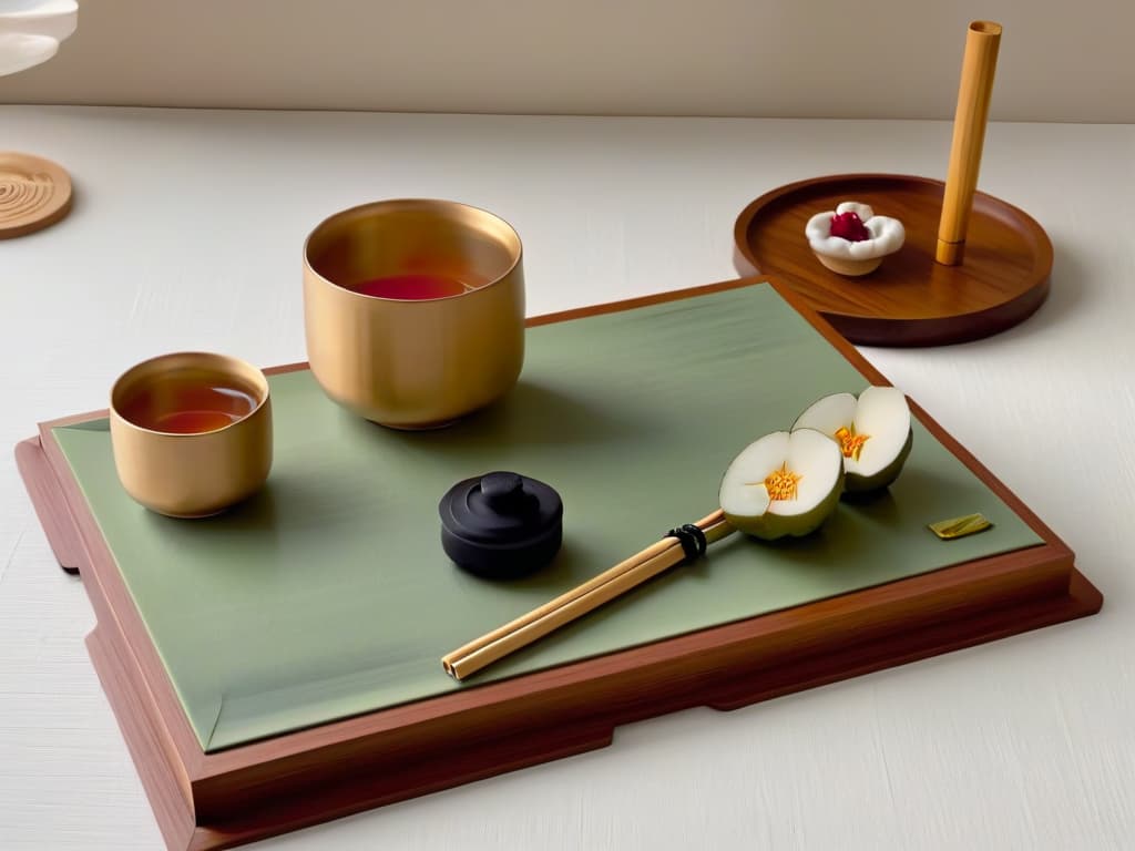  A minimalistic illustration of a traditional Japanese tea ceremony, featuring a serene setting with a tatami mat floor, a bamboo whisk, a tea bowl, and a delicate wagashi sweet placed elegantly on a small plate. The image conveys a sense of tranquility and cultural richness, capturing the essence of Asian dessert traditions with its clean lines and subtle color palette. hyperrealistic, full body, detailed clothing, highly detailed, cinematic lighting, stunningly beautiful, intricate, sharp focus, f/1. 8, 85mm, (centered image composition), (professionally color graded), ((bright soft diffused light)), volumetric fog, trending on instagram, trending on tumblr, HDR 4K, 8K