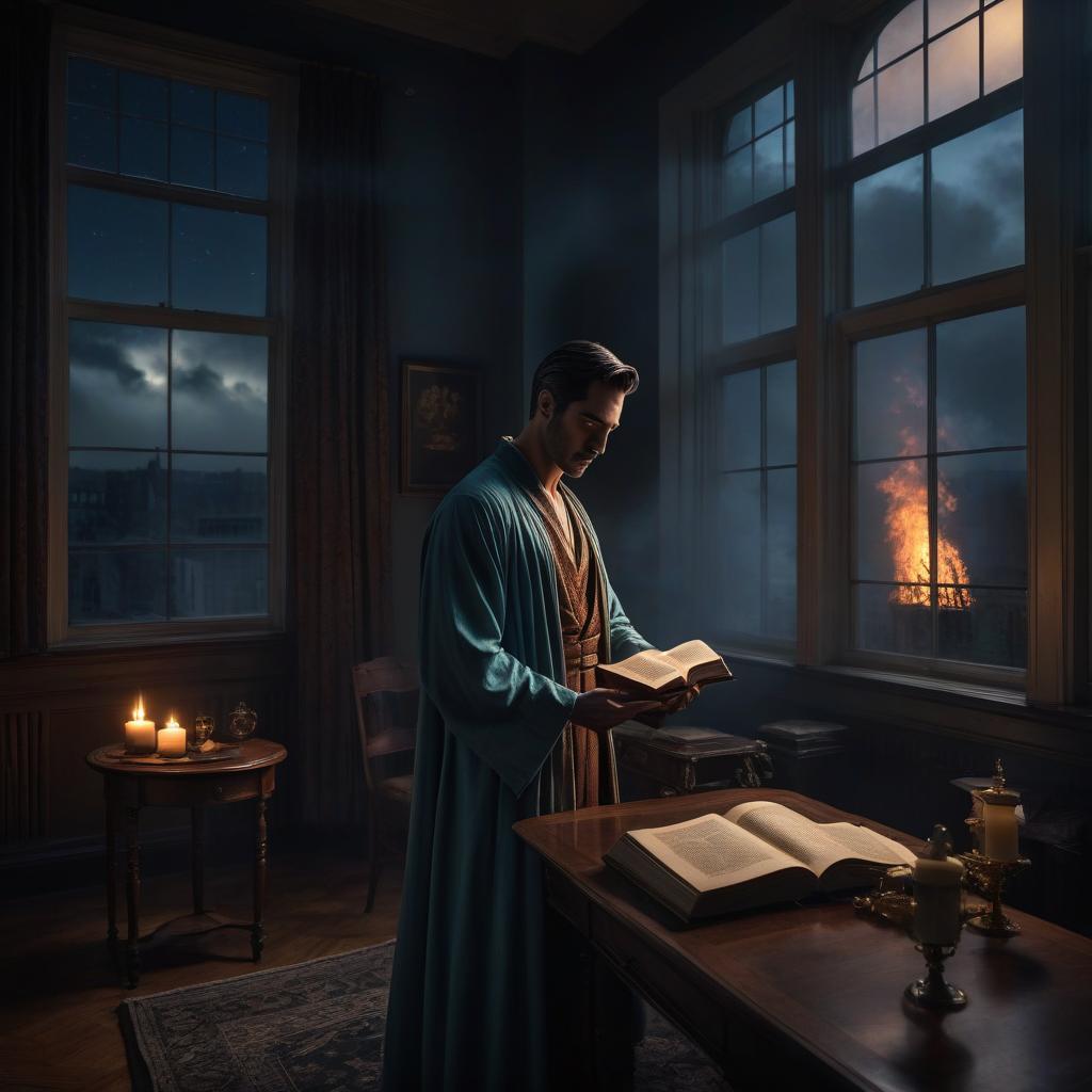  gothic style A very thin man in a hospital gown stands by the window in the room and looks at the night sky; a burning book lies on the table. . dark, mysterious, haunting, dramatic, ornate, detailed hyperrealistic, full body, detailed clothing, highly detailed, cinematic lighting, stunningly beautiful, intricate, sharp focus, f/1. 8, 85mm, (centered image composition), (professionally color graded), ((bright soft diffused light)), volumetric fog, trending on instagram, trending on tumblr, HDR 4K, 8K