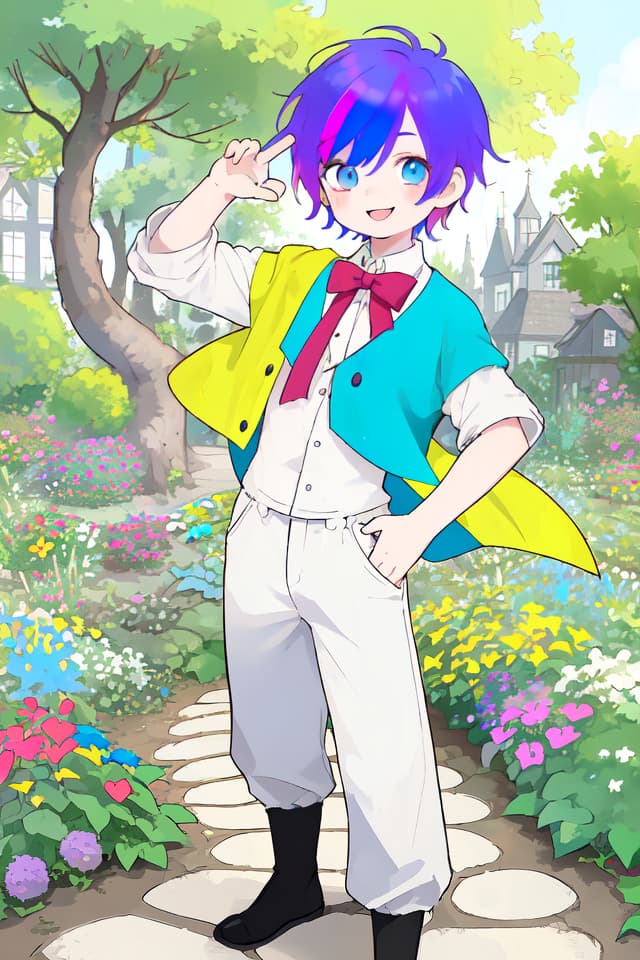  Young, boy, colorful hair, smiling, 1 person, odd eye, background garden, magic, mashed on your shoulders, mashed