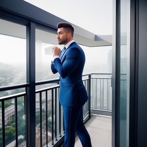  (Attractive Business man looking out of balcony in a mansion ), photorealistic, highly detailed, 4k, high quality hyperrealistic, full body, detailed clothing, highly detailed, cinematic lighting, stunningly beautiful, intricate, sharp focus, f/1. 8, 85mm, (centered image composition), (professionally color graded), ((bright soft diffused light)), volumetric fog, trending on instagram, trending on tumblr, HDR 4K, 8K