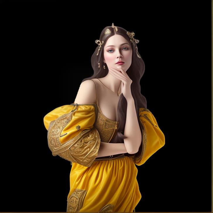 mdjrny-v4 style Create an avatar of a female character in a Medieval style. The character should be dressed in authentic Medieval clothing, such as a long dress with intricate patterns or a gown with elegant embroidery. Her hair should be styled in a historically accurate manner, such as braids or a headpiece. She should have a graceful and noble posture, reflecting the etiquette of Medieval times. Accessories like jewelry or a crown can be included to enhance her regal appearance. The background should depict a Medieval setting, such as a castle courtyard or a noble estate, to complete the historical theme.