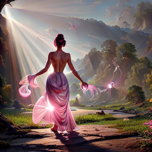 a photo of ddfusion style A woman is walking into a beautiful natural setting She is walking away from the viewer, so we see her from behind She seems happy and excited and full of energy The morning sun rays outline her body shape and we can see light energy emanations encircling her body in this magical light in this magical light in this magical light In this magical light