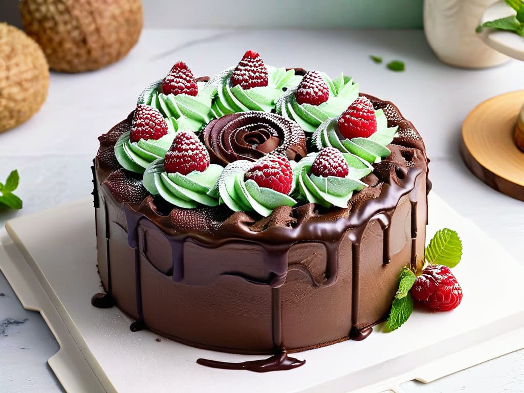  An ultradetailed closeup image of a perfectly frosted vegan chocolate cake, adorned with fresh raspberries and mint leaves, set on a sleek, white marble cake stand. The frosting is smooth and glossy, with intricate swirls decorating the top, showcasing the artistry and elegance of vegan baking. The vibrant red raspberries and vibrant green mint leaves provide a pop of color against the rich, dark chocolate cake, creating a visually stunning and appetizing composition that embodies the essence of balanced vegan ingredients in pastrymaking. hyperrealistic, full body, detailed clothing, highly detailed, cinematic lighting, stunningly beautiful, intricate, sharp focus, f/1. 8, 85mm, (centered image composition), (professionally color graded), ((bright soft diffused light)), volumetric fog, trending on instagram, trending on tumblr, HDR 4K, 8K