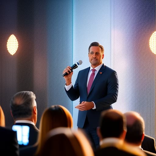  A middle aged man in a suit is giving a speech among the crowd. hyperrealistic, full body, detailed clothing, highly detailed, cinematic lighting, stunningly beautiful, intricate, sharp focus, f/1. 8, 85mm, (centered image composition), (professionally color graded), ((bright soft diffused light)), volumetric fog, trending on instagram, trending on tumblr, HDR 4K, 8K