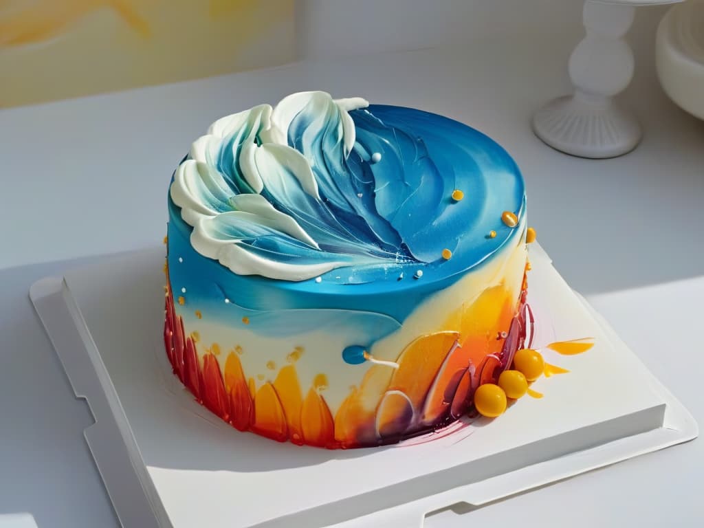  A closeup, ultradetailed image of a delicate brush painting intricate swirls of vibrant edible paint onto a smooth fondant cake surface. The colors pop against the white canvas, showcasing the precision and artistry involved in edible painting in the world of pastry decoration. Each brushstroke is visible, highlighting the skill and creativity required in the evolution of edible painting techniques in the realm of confectionery arts. hyperrealistic, full body, detailed clothing, highly detailed, cinematic lighting, stunningly beautiful, intricate, sharp focus, f/1. 8, 85mm, (centered image composition), (professionally color graded), ((bright soft diffused light)), volumetric fog, trending on instagram, trending on tumblr, HDR 4K, 8K