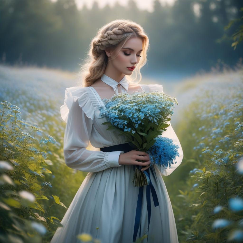  silhouette style Beautiful cute girl milkmaid in forget me nots with blondie braid high detail,holding a bouquet of wildflowers forget me nots mah many big bouquet of forget me nots. mah huge etc.... high resolution, 124k max detail professional photo, anatomy, detailing background summer landscape meadow flowers . high contrast, minimalistic, black and white, stark, dramatic hyperrealistic, full body, detailed clothing, highly detailed, cinematic lighting, stunningly beautiful, intricate, sharp focus, f/1. 8, 85mm, (centered image composition), (professionally color graded), ((bright soft diffused light)), volumetric fog, trending on instagram, trending on tumblr, HDR 4K, 8K