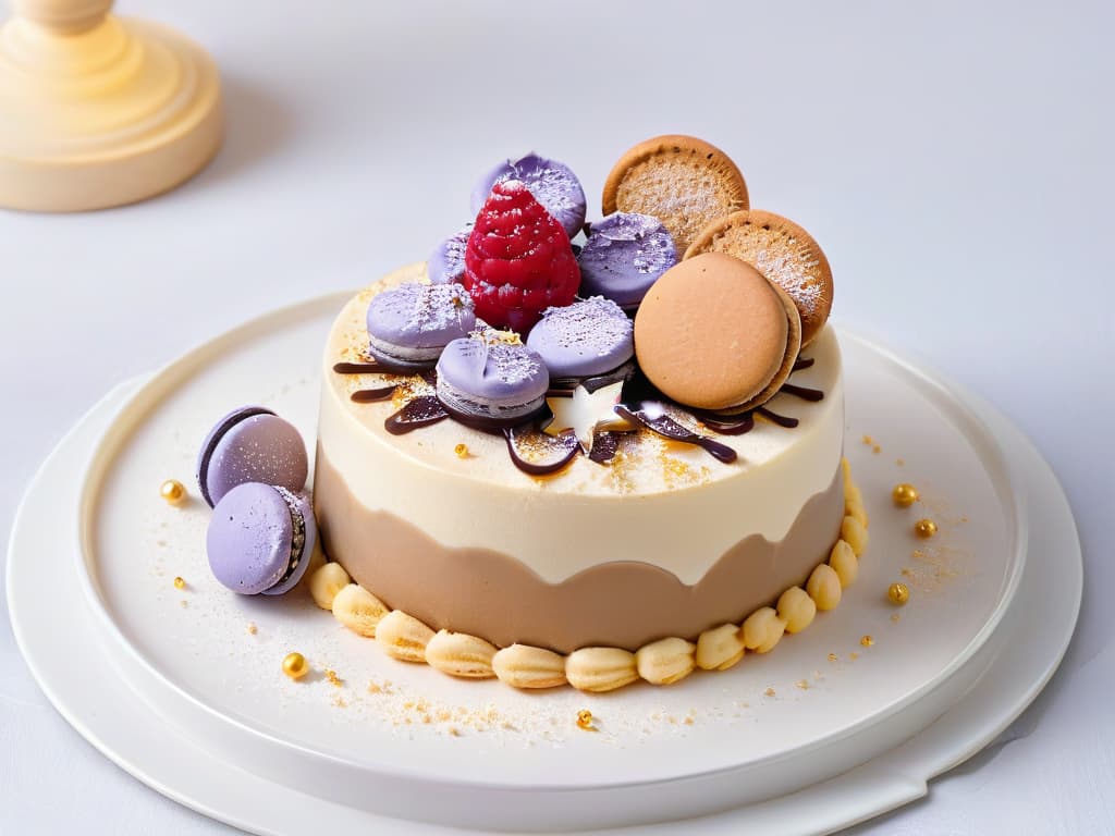  An ultradetailed image of a beautifully crafted dessert that seamlessly combines elements from various culinary traditions, such as a matchainfused tiramisu topped with edible gold flakes and delicate lavender macarons, presented on a sleek, modern plate against a clean, white background. The dessert is meticulously garnished with fresh berries, mint leaves, and a drizzle of caramel, showcasing the harmonious fusion of flavors and aesthetics in contemporary pastry art. hyperrealistic, full body, detailed clothing, highly detailed, cinematic lighting, stunningly beautiful, intricate, sharp focus, f/1. 8, 85mm, (centered image composition), (professionally color graded), ((bright soft diffused light)), volumetric fog, trending on instagram, trending on tumblr, HDR 4K, 8K