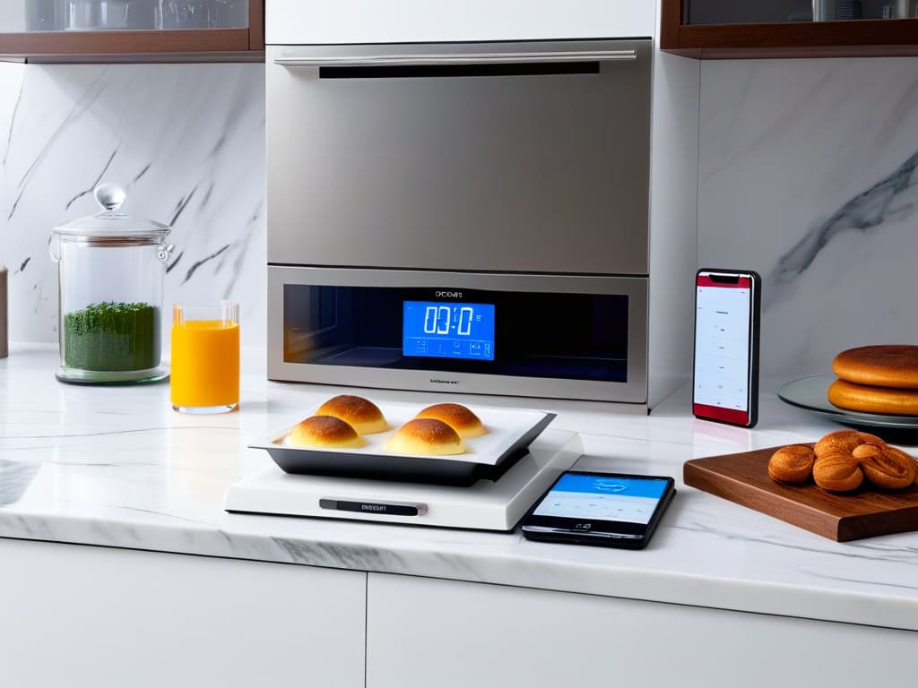  An ultradetailed 8k image of a sleek, modern kitchen filled with hightech baking gadgets like precision scales, digital thermometers, and silicone molds neatly arranged on marble countertops. A stateoftheart oven with a transparent door displays a perfectly rising soufflé inside, while a minimalist smartphone sits nearby showcasing a cuttingedge baking app with advanced techniques for creating intricate pastry designs. The overall aesthetic is clean, sophisticated, and exudes a sense of professional innovation in the realm of modern pastry techniques. hyperrealistic, full body, detailed clothing, highly detailed, cinematic lighting, stunningly beautiful, intricate, sharp focus, f/1. 8, 85mm, (centered image composition), (professionally color graded), ((bright soft diffused light)), volumetric fog, trending on instagram, trending on tumblr, HDR 4K, 8K