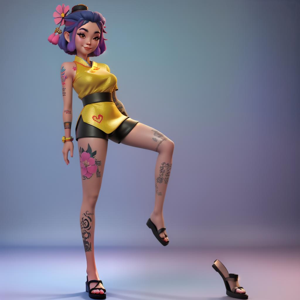  3d cartoon styled full-body image of a Thai woman, wearing underwear, colorful tattoos, random scene