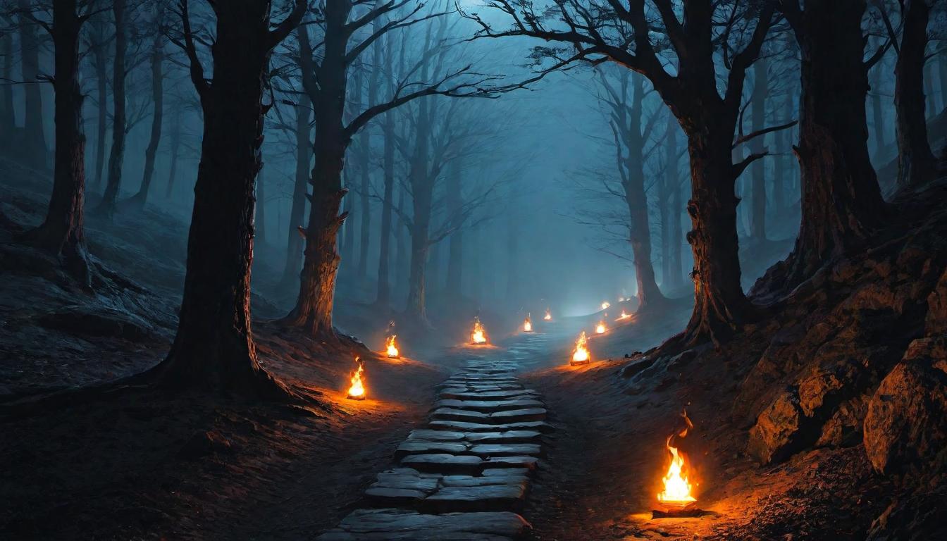  （surrealism)A path lit by flickering torches, stretching into the dark unknown, winding trail, torches held by shadowy figures, brisk tension, mystical, journey towards confrontation mystic, intricate details, best quality)