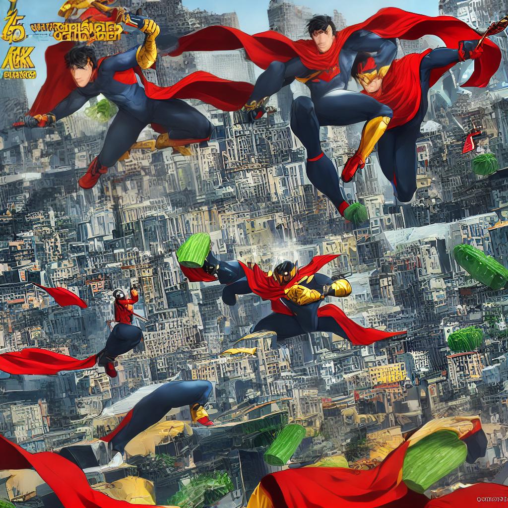  A golden age comic style superhero with pale skin, jet black hair, and blue skinsuit, wearing a red cape, is ((prominently eating a zucchini)). The superhero ((looks determined and powerful)). The background of the scene shows a cityscape with tall buildings and bustling streets. The lighting is ((bright and vibrant)), highlighting the superhero's heroic presence. The artwork is in ((the style of a classic comic book cover)), with bold lines and vibrant colors. This masterpiece is created with (((best quality))), providing an ((ultra-detailed)) and ((highly realistic)) portrayal of the superhero. The image is rendered in (((8k resolution))), allowing for every intricate detail to be captured. hyperrealistic, full body, detailed clothing, highly detailed, cinematic lighting, stunningly beautiful, intricate, sharp focus, f/1. 8, 85mm, (centered image composition), (professionally color graded), ((bright soft diffused light)), volumetric fog, trending on instagram, trending on tumblr, HDR 4K, 8K
