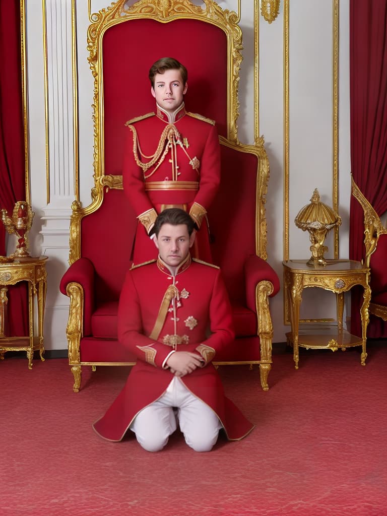  a royal male minister, kneel downly , like knight sitting on the ground of a luxurious royal red coatroom. minister wearing red royal luxurious dress. 8k regulations need. see in my gallery, no woman but white male. single character