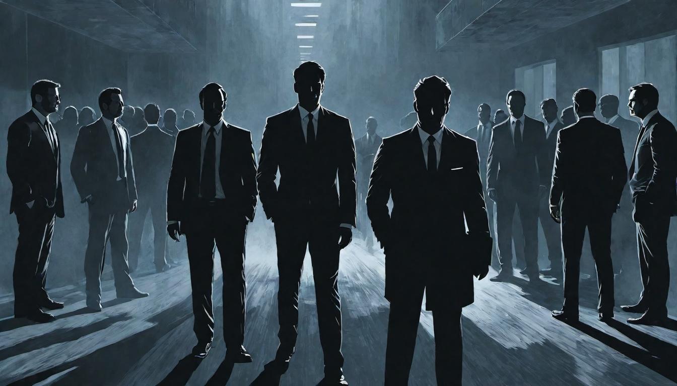  （surrealism)A group of shadowy figures with sly expressions, dressed in business attire, lurking around an office space, draining energy from the atmosphere, tension, manipulation mystic, intricate details, best quality)