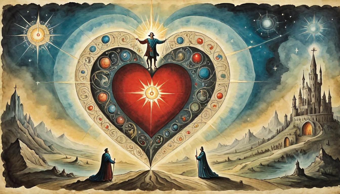  on parchment, surrealism+++, A leader figure with an illuminated heart, light beams connecting to individuals, setting of an open space, inner drive awakening, elevated purpose, connected energy(mysterious, provocative, symbolic,muted color)+++