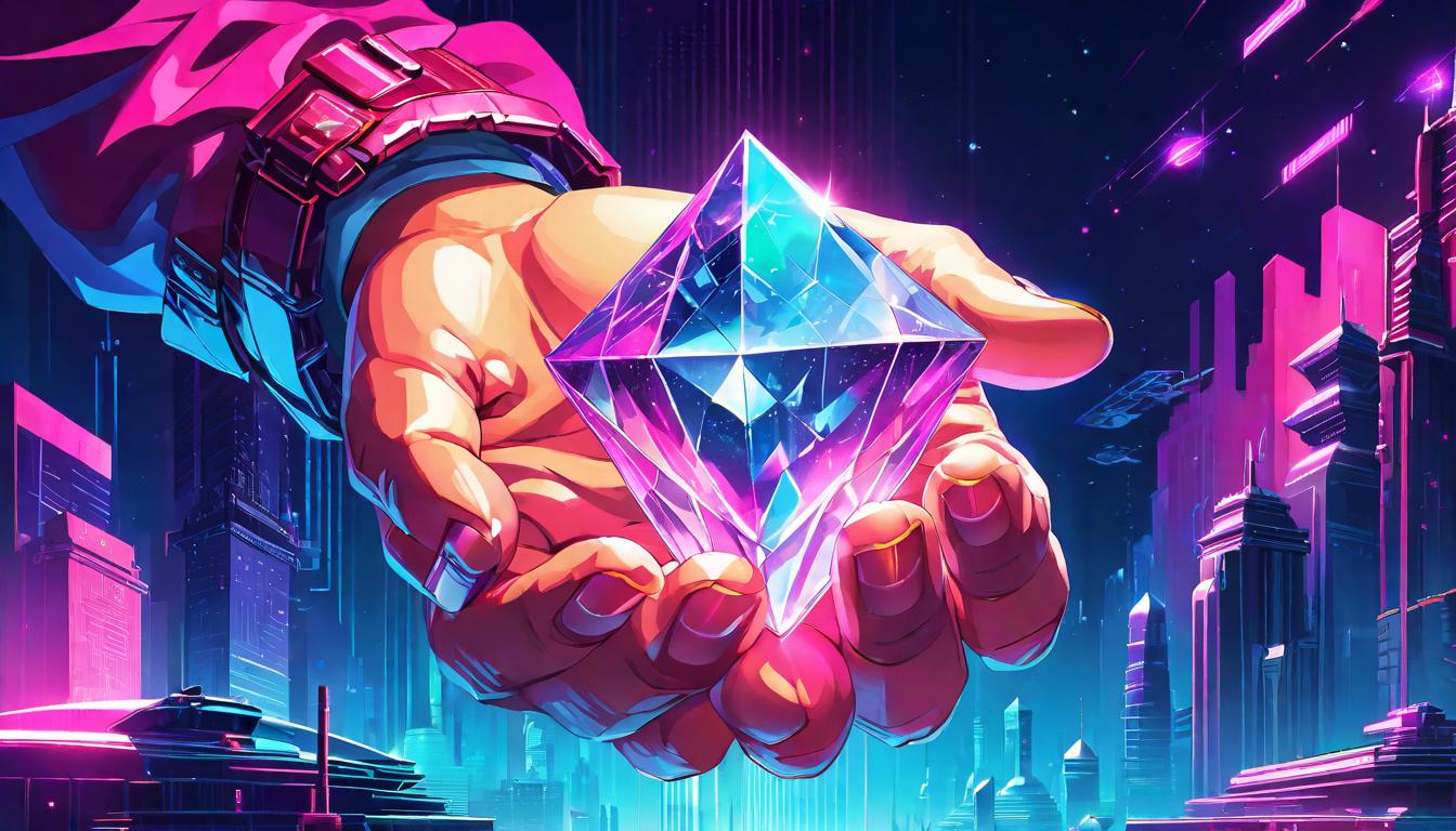  vaporwave,cyberpunk game style A crystal glowing with an inner light in the palm of an open hand, gift of insight, crystal facets catch the light, suggesting depth and complexity, magical, enlighteningeon, dystopian, futuristic, digital, vibrant, detailed, high contrast, reminiscent of cyberpunk genre video games,retro aesthetic, cyberpunk, vibrant, neon colors, vintage 80s and 90s style, highly detailed