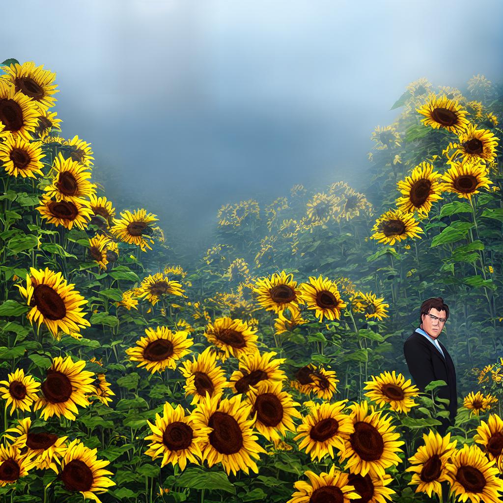  ((A masterpiece)), (((best quality))), 8k, high detailed, ultra-detailed. A middle-aged man with a round face, approximately 50 years old, depicted in an anime style, slightly facing towards the right. In the background, there is a sunflower field. hyperrealistic, full body, detailed clothing, highly detailed, cinematic lighting, stunningly beautiful, intricate, sharp focus, f/1. 8, 85mm, (centered image composition), (professionally color graded), ((bright soft diffused light)), volumetric fog, trending on instagram, trending on tumblr, HDR 4K, 8K