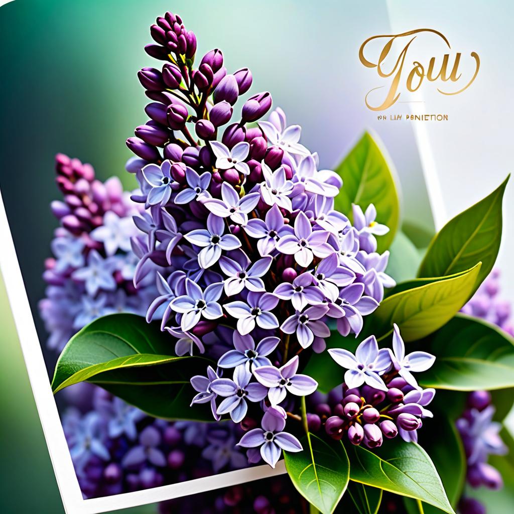  ethereal fantasy concept art of (Lilac) is a genus of shrubs with beautiful flowers and pleasant fragrance. There are many species and varieties of lilacs, differing in colour and shape of flowers. (Greeting card) Postcard design:Background white green gradient decorated with golden curls in fantasy style. In the centre of the card is a bouquet of lilacs with the inscription "For you" . magnificent, celestial, ethereal, painterly, epic, majestic, magical, fantasy art, cover art, dreamy hyperrealistic, full body, detailed clothing, highly detailed, cinematic lighting, stunningly beautiful, intricate, sharp focus, f/1. 8, 85mm, (centered image composition), (professionally color graded), ((bright soft diffused light)), volumetric fog, trending on instagram, trending on tumblr, HDR 4K, 8K