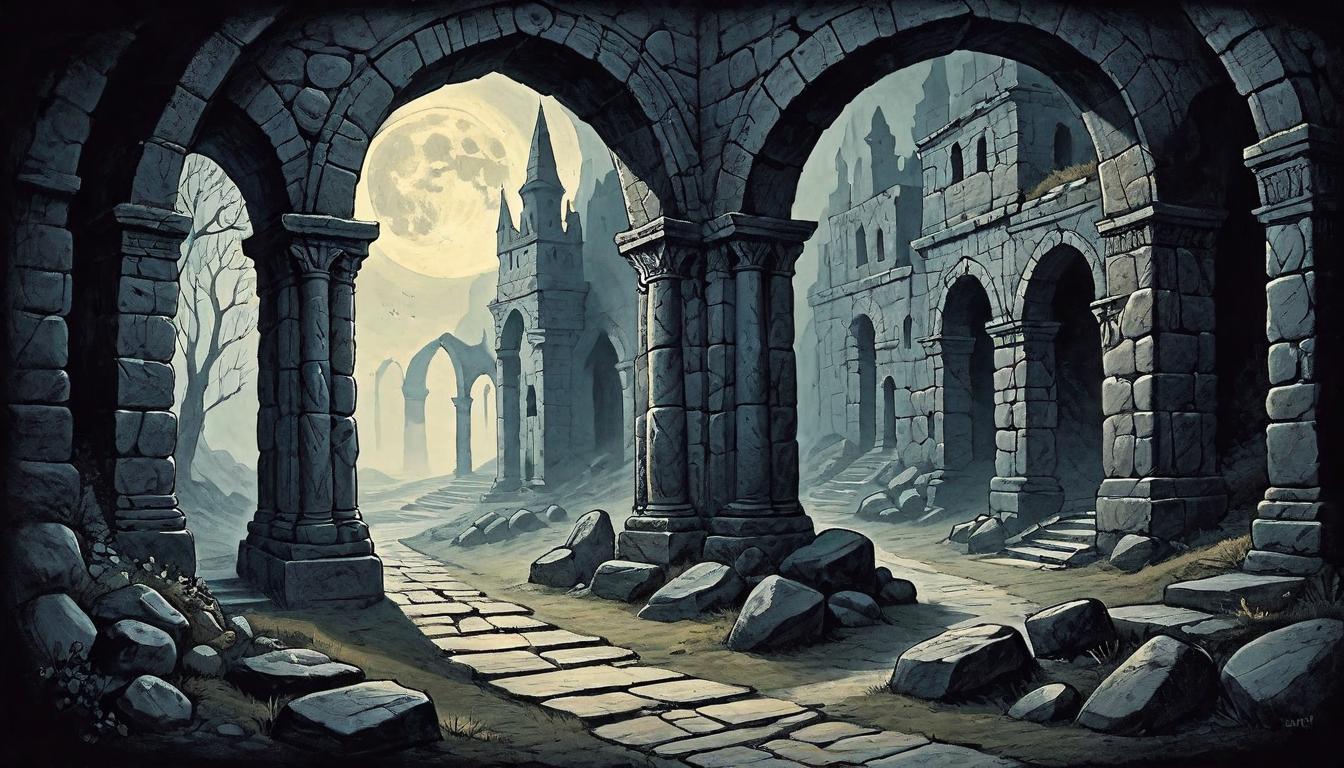  on parchment, surrealism+++, A dark, ancient stone archway looming at the beginning of a narrow, winding path, the stones engraved with fading symbols of choice and destiny, eerie shadows casting long, silent whispers of the journeys embarked upon by those before, moonlit night, foreboding silence, anticipation.(mysterious, provocative, symbolic,muted color)+++