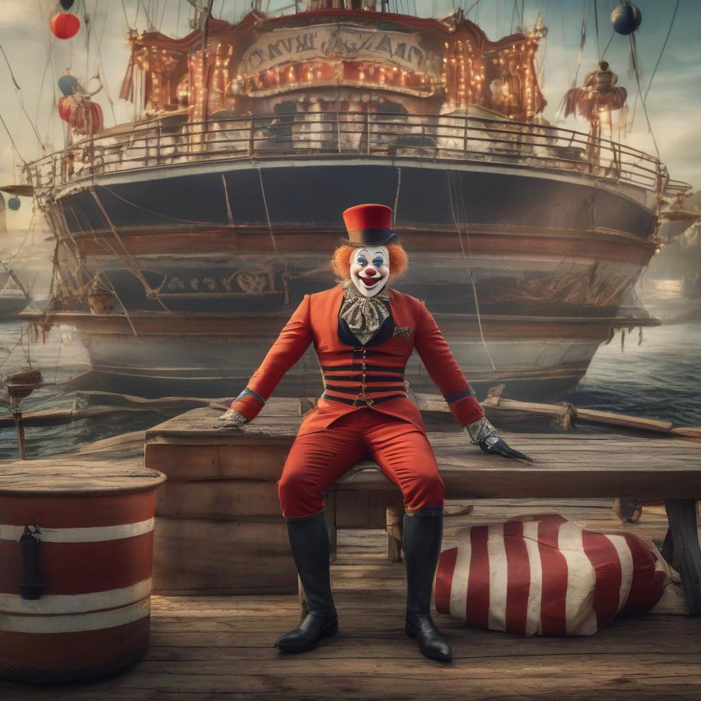  nautical themed A circus, clowns in the arena. . sea, ocean, ships, maritime, beach, marine life, highly detailed hyperrealistic, full body, detailed clothing, highly detailed, cinematic lighting, stunningly beautiful, intricate, sharp focus, f/1. 8, 85mm, (centered image composition), (professionally color graded), ((bright soft diffused light)), volumetric fog, trending on instagram, trending on tumblr, HDR 4K, 8K