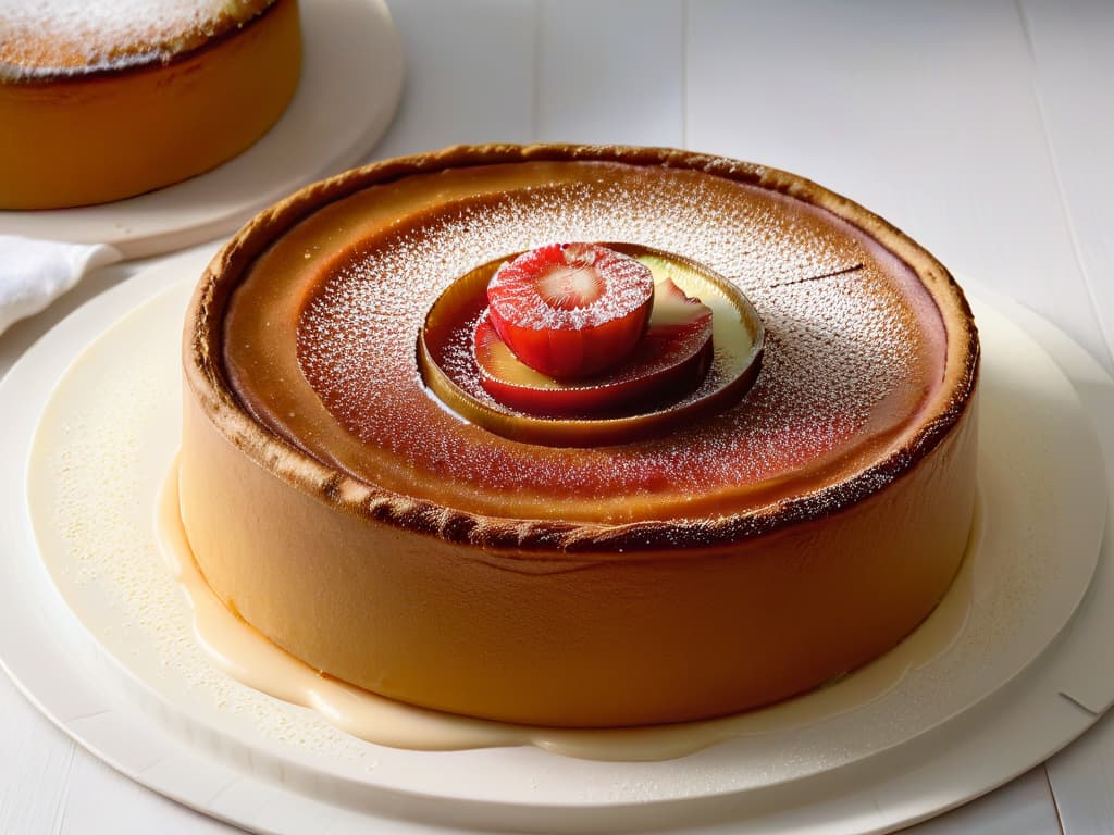  An ultradetailed closeup image of a freshly baked pastel de guayaba, showcasing the goldenbrown crust with a glossy finish, revealing the layers of guava filling inside. The focus is on the textures, with visible specks of vanilla bean in the guava paste, and a light dusting of powdered sugar on top adding a touch of elegance. The lighting is soft, emphasizing the rich colors and inviting the viewer to appreciate the intricate simplicity of this traditional dessert. hyperrealistic, full body, detailed clothing, highly detailed, cinematic lighting, stunningly beautiful, intricate, sharp focus, f/1. 8, 85mm, (centered image composition), (professionally color graded), ((bright soft diffused light)), volumetric fog, trending on instagram, trending on tumblr, HDR 4K, 8K