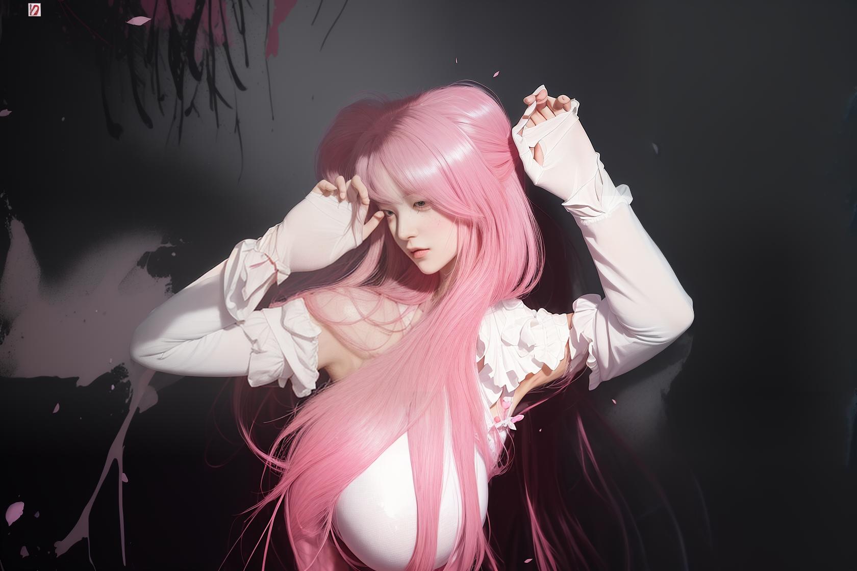  masterpiece, best quality, ,black pink hair, Frankly, Pink teat, Upper body,Red silk tie at the neckline, white stockings, beautiful legs, noble, elegant, beautiful , shoulder length messy hair , happy, Full body, Beautiful anime waifu style , hyperdetailed painting, luminism, art by Carne Griffiths and Wadim Kashin concept art, 4k resolution, fractal isometrics details bioluminescence , 3d render, octane render, intricately detailed , cinematic, trending on artstation Isometric Centered hyperrealistic cover photo awesome full color, hand drawn , gritty, realistic mucha , hit definition , cinematic, on paper, ethereal background, abstract beauty,stand, approaching perfection, pure form, golden ratio, minimalistic, unfinis