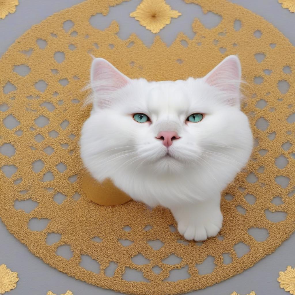  Please generate a fluffy white cat in full height standing on the hind legs, with a fluffy tail, on a light gray gold background in the jewelry of the goddess Cleopatra