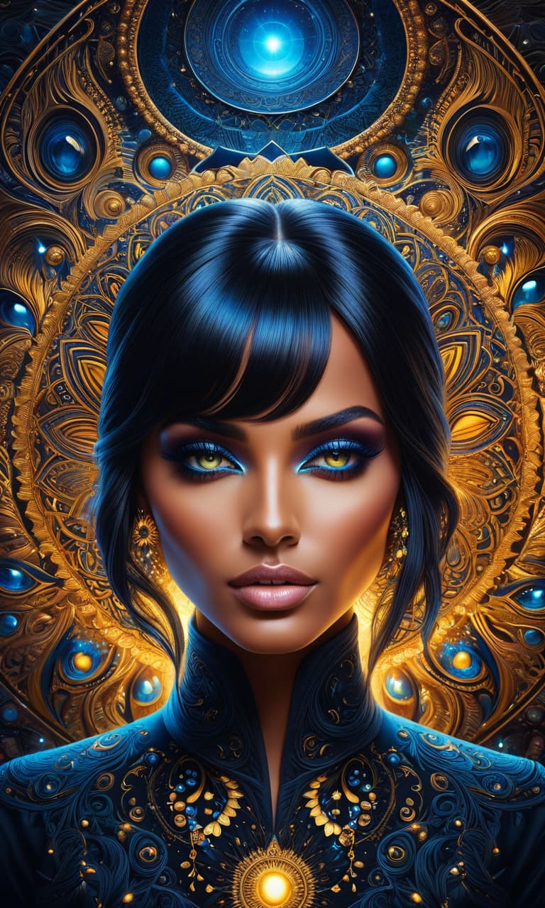  (psychedelic art, highly detailed, fantasy art:1.3), mesmerizing face of a beautiful dark eyed black haired young woman, intense glowing eyes with swirling colors, stunning blend of black, blue, and yellow hues, intricate patterns and designs, cosmic background with galaxies and stars, ethereal and mystical atmosphere, otherworldly beauty, intricate celestial patterns, cosmic energy radiating from the eyes, mesmerizing and captivating gaze, transcendent and surreal, vibrant and dynamic composition, close up shot capturing every intricate detail. hyperrealistic, full body, detailed clothing, highly detailed, cinematic lighting, stunningly beautiful, intricate, sharp focus, f/1. 8, 85mm, (centered image composition), (professionally color graded), ((bright soft diffused light)), volumetric fog, trending on instagram, trending on tumblr, HDR 4K, 8K