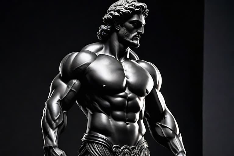  A Statue from a muscular greek god Statue with a wavey middel Parting Hair out of matt black with a black backround Standing on a podest animeted style hyperrealistic, full body, detailed clothing, highly detailed, cinematic lighting, stunningly beautiful, intricate, sharp focus, f/1. 8, 85mm, (centered image composition), (professionally color graded), ((bright soft diffused light)), volumetric fog, trending on instagram, trending on tumblr, HDR 4K, 8K