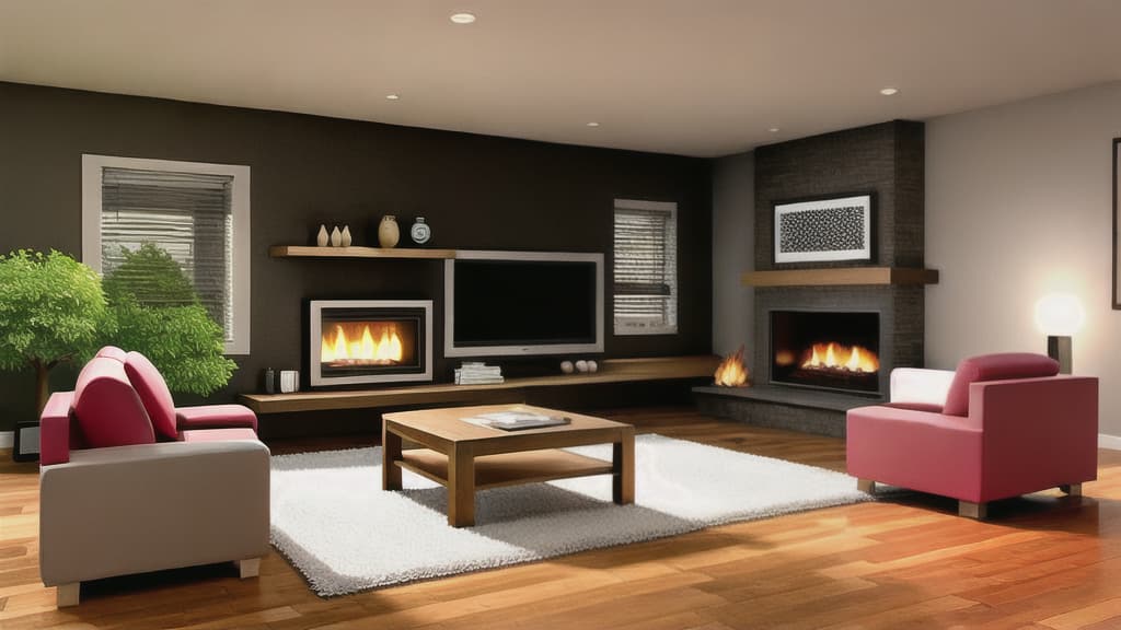  masterpiece, best quality, a modern living room with a fireplace, all furniture placed around the fireplace