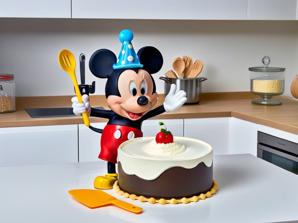  An ultradetailed image of Mickey Mouse playfully mixing batter in a bright, modern kitchen filled with colorful baking utensils. Mickey's iconic ears stand out against the sleek, minimalist design of the kitchen, showcasing a trendy and professional approach to baking. The image captures the essence of Mickey Mouse's kitchen adventures, blending nostalgia with a contemporary aesthetic. hyperrealistic, full body, detailed clothing, highly detailed, cinematic lighting, stunningly beautiful, intricate, sharp focus, f/1. 8, 85mm, (centered image composition), (professionally color graded), ((bright soft diffused light)), volumetric fog, trending on instagram, trending on tumblr, HDR 4K, 8K