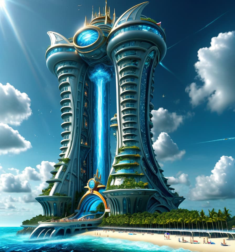  nautical-themed Futuristic "atlantis" tower, divine light, water, ultra realistic, HDR, intricate details, sci fi . sea, ocean, ships, maritime, beach, marine life, highly detailed