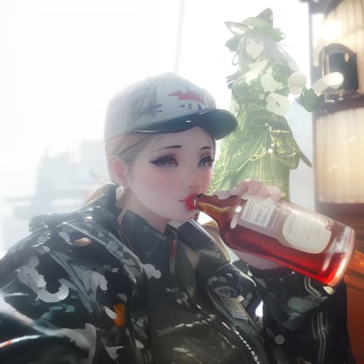  anime women in a cap drinks beer, beautiful, bottle of beer hyperrealistic, full body, detailed clothing, highly detailed, cinematic lighting, stunningly beautiful, intricate, sharp focus, f/1. 8, 85mm, (centered image composition), (professionally color graded), ((bright soft diffused light)), volumetric fog, trending on instagram, trending on tumblr, HDR 4K, 8K