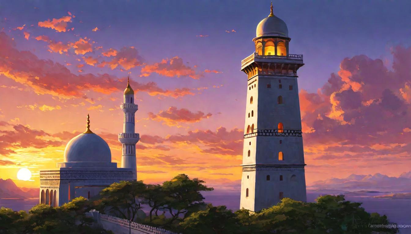  digital painting of A pristine minaret under a glowing dawn, Isa alighting in grace, the moment of return captured, peaceful dawn, historic essence looking at viewer, dynamic pose, (intricate details, masterpiece, best quality)