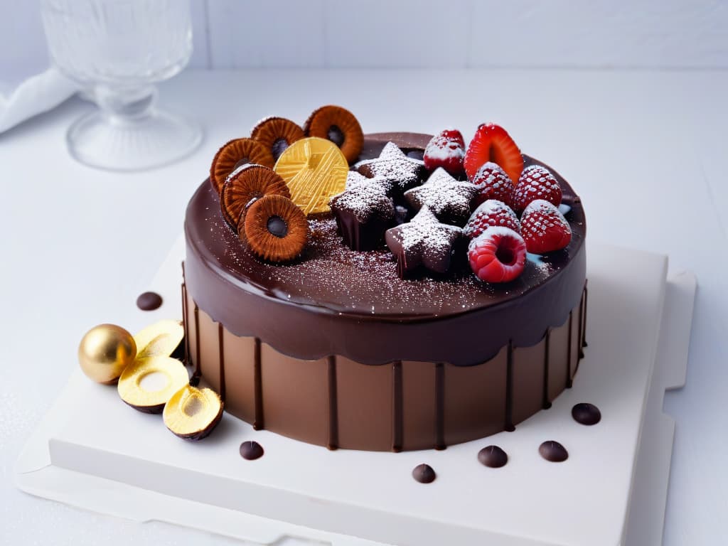  A closeup, ultradetailed image of a decadent chocolate borojó cake, showcasing rich layers of moist chocolate sponge infused with borojó puree, topped with glossy chocolate ganache and delicate borojó slices. The cake is elegantly decorated with edible gold leaf accents, adding a touch of sophistication to the dessert. The minimalistic style highlights the intricate textures and vibrant colors of the dessert, inviting the viewer to indulge in the fusion of borojó and chocolate flavors. hyperrealistic, full body, detailed clothing, highly detailed, cinematic lighting, stunningly beautiful, intricate, sharp focus, f/1. 8, 85mm, (centered image composition), (professionally color graded), ((bright soft diffused light)), volumetric fog, trending on instagram, trending on tumblr, HDR 4K, 8K