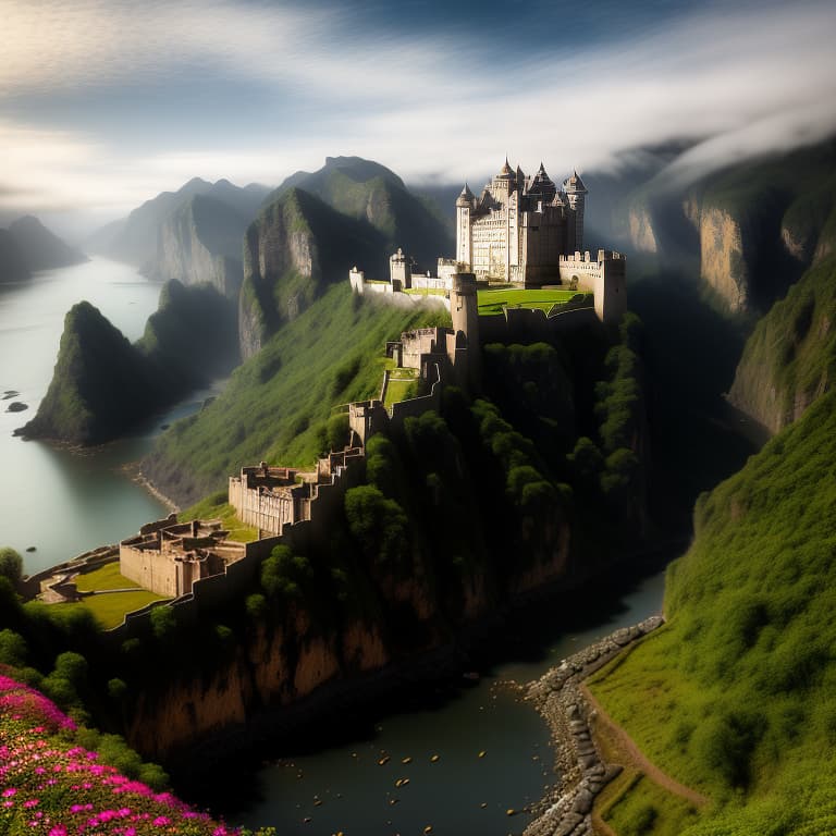  <lora:qrmonsterv3:1>RAW photo of an Indian castle surrounded by water and nature, village, volumetric lighting, photorealistic, insanely detailed and intricate, Fantasy, epic cinematic shot, trending on ArtStation, mountains, 8k ultra hd, magical, mystical, matte painting, bright sunny day, flowers, massive cliffs, Sweeper3D