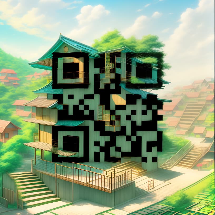  style Anime, building,tree house,outdoors,stairs,architecture