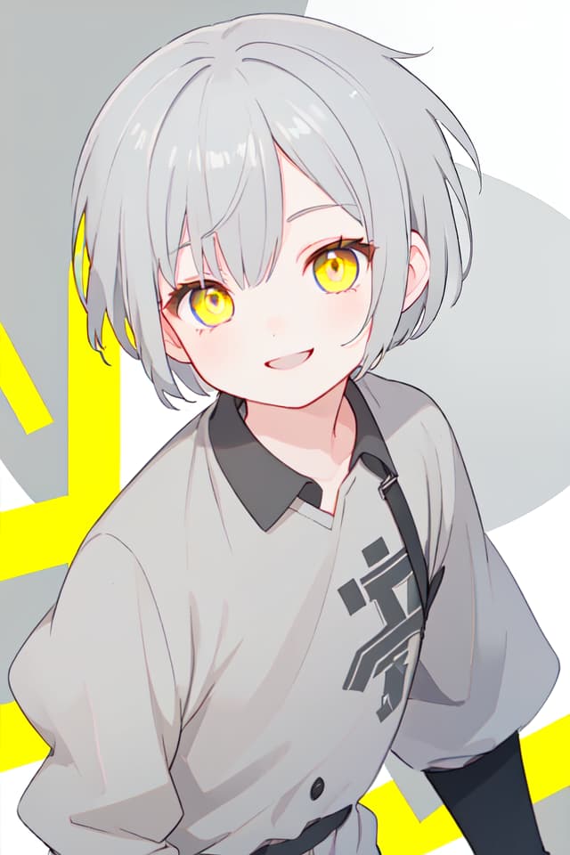  Gray hair, forward bob, boy, smiling, yellow eyes